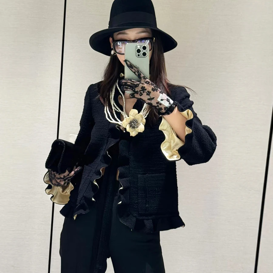 

Retro Feel Ladylike Woolen Coat with Bow Tie And Lace Collar Autumn Winter Women's Faion Set Ele Vintage Sle