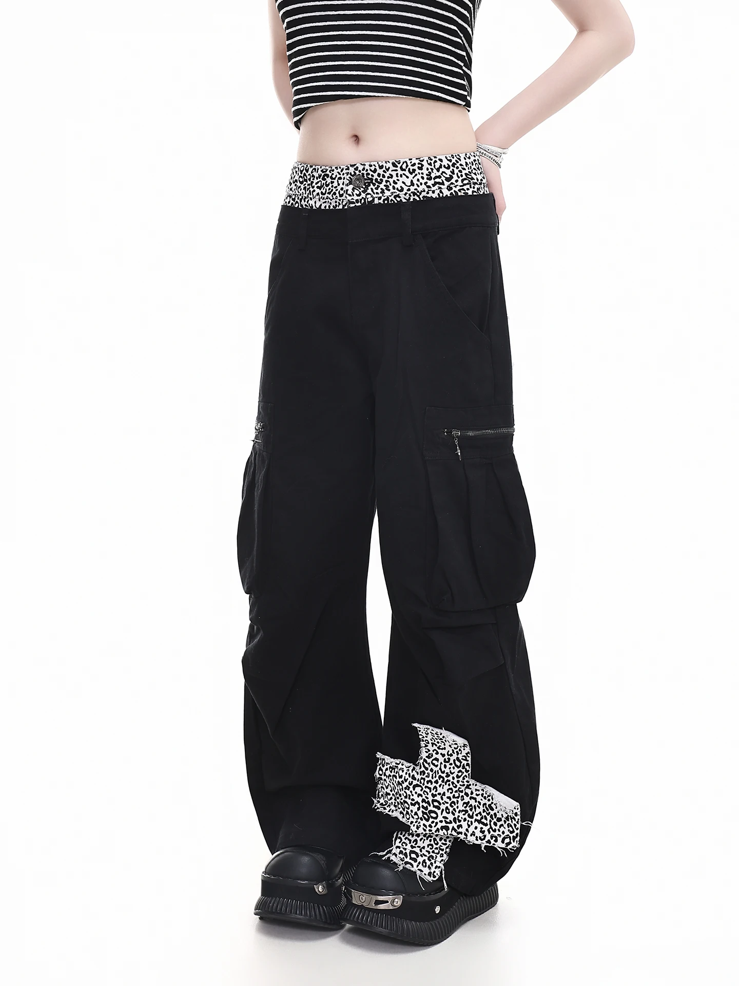 

Retro Orange Marmalade Women's Loose Wide Leg Pants Multi-Pocket Leopard Print Waist Belt Slimming Long Trousers