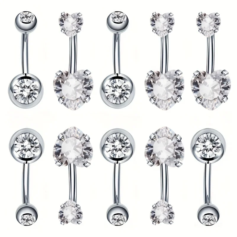 

10 Pieces/ Set Heart and Round Cubic Zirconia Belly Button Rings Stainless Steel Style Navel Piercing Jewelry Female Gift