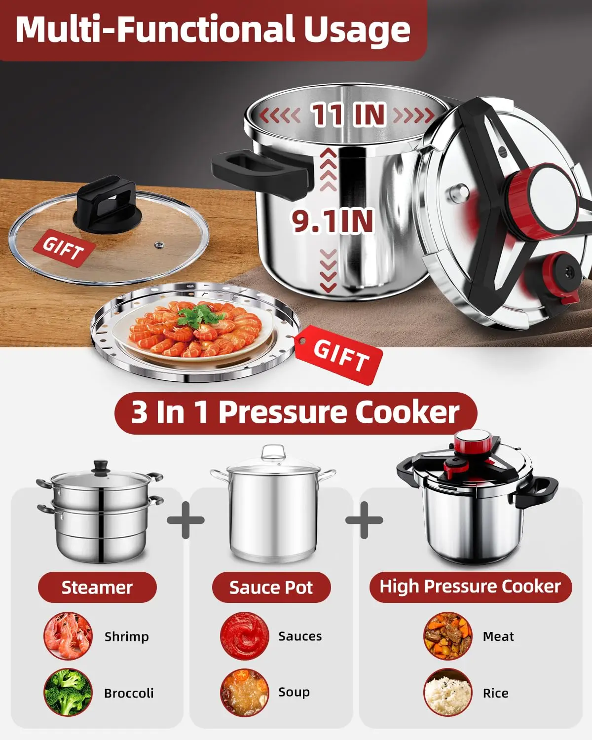 RVGMBO 6 Quart Stainless Steel Pressure Cooker - 18/8 Food Grade, One-Hand Locking, 3-in-1 With Glass Lid & Steamer, Induction & Gas Compatible