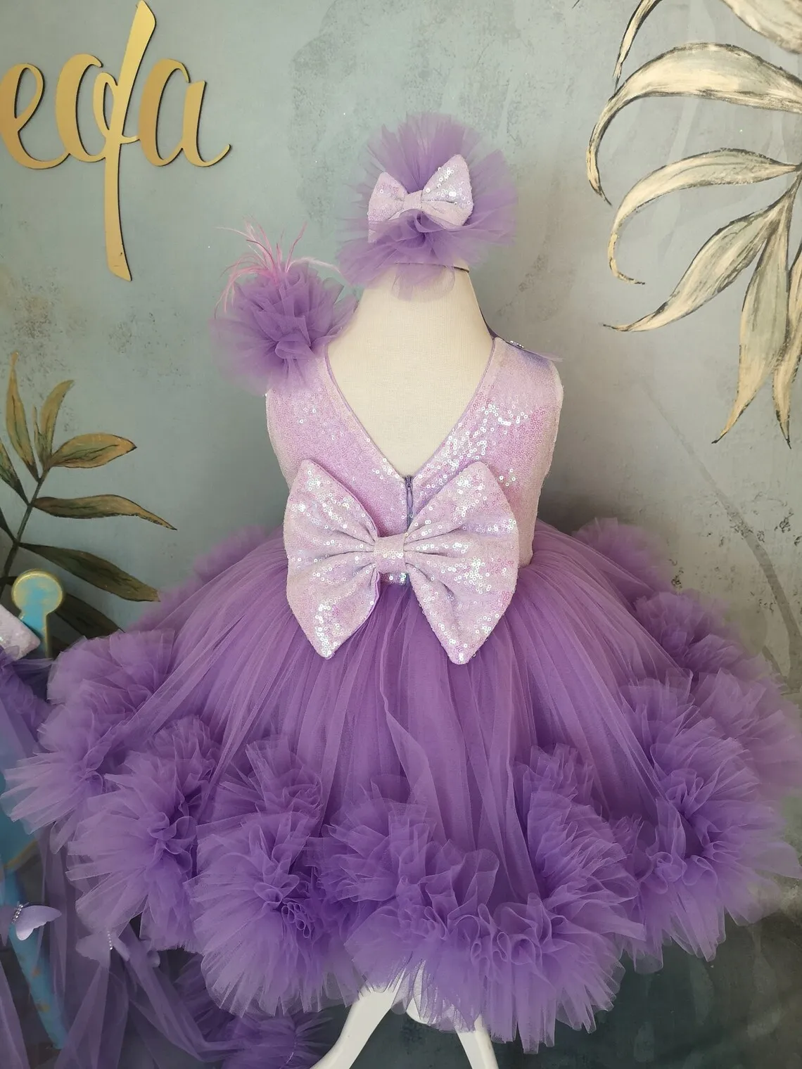 open lace back dress Purple Rhinestone Halter Basque Waist Kids Birthday Dress