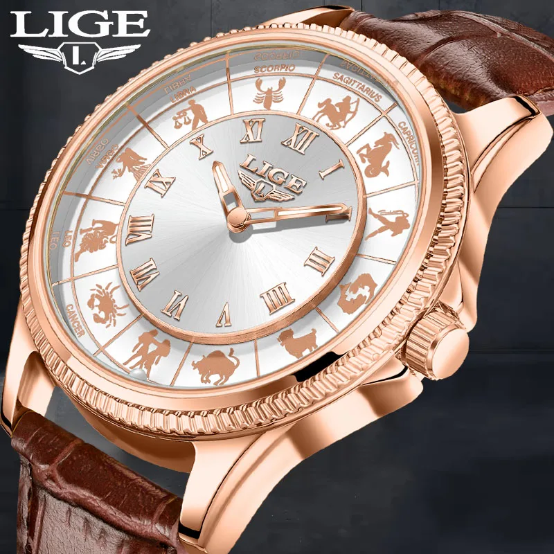 

LIGE Men Watch Fashion Creative 12 Constellation Big Dial Watch Men Brown Leather Luminous Waterproof Quartz Chronograph Male