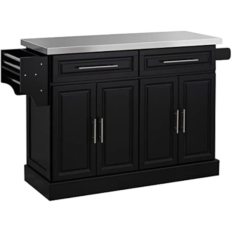 Rolling Kitchen Island with Storage,Portable Kitchen Cart with Stainless Steel Top,2 Drawers,Spice,Knife Towel Rack and Cabinets