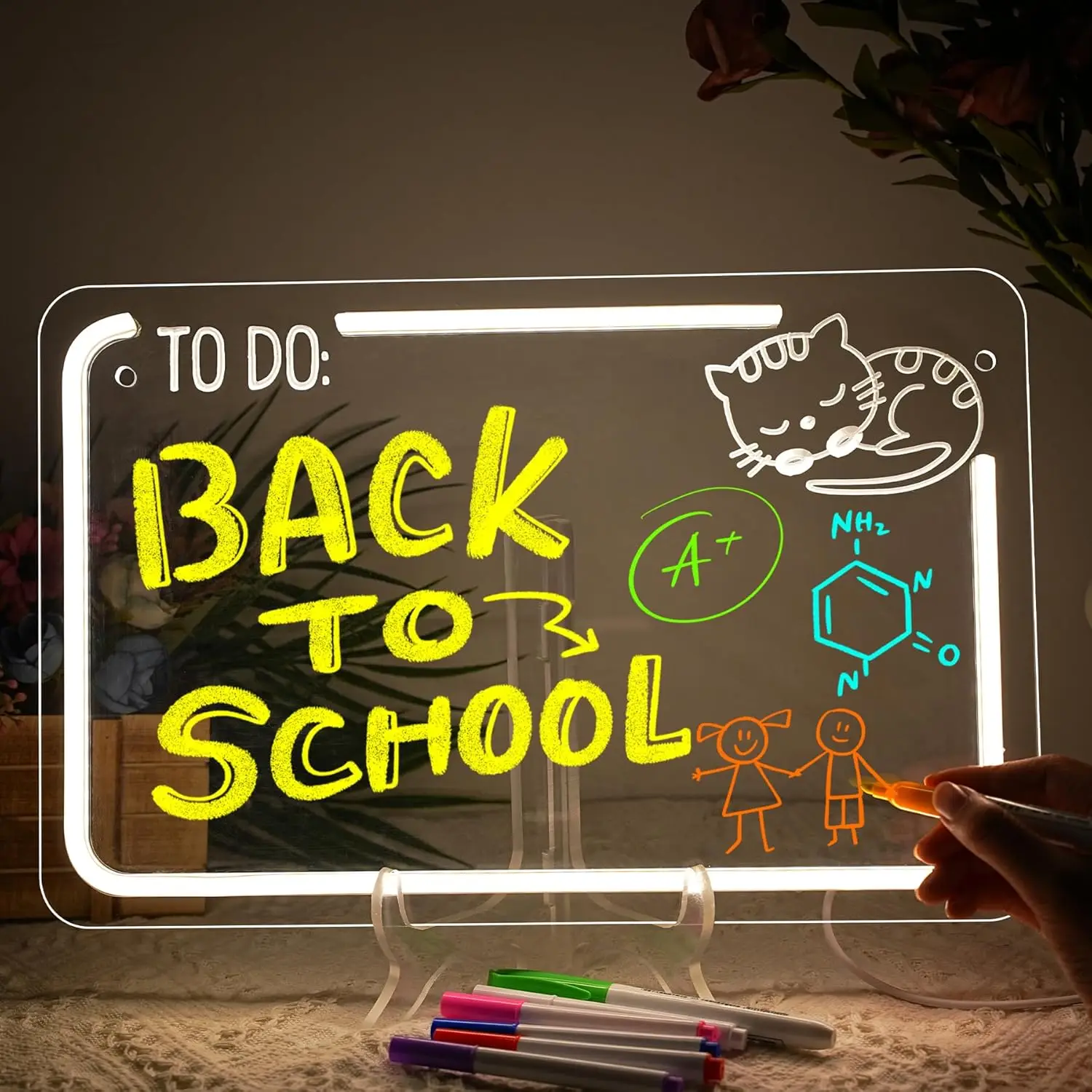 

CAT TO DO Kid LED Note Board Acrylic Dry Erase Light Up Message Board for Bar Coffee Stores Kids Memo Drawing Writing Board