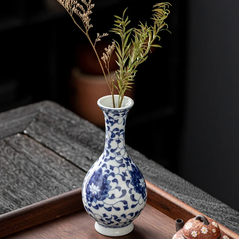 Chinese Blue Porcelain Vase-Mini Antique Flower Vessel Handcrafted Tea Ware for Dried Bouquets Boho Chic Living Room Centerpiece