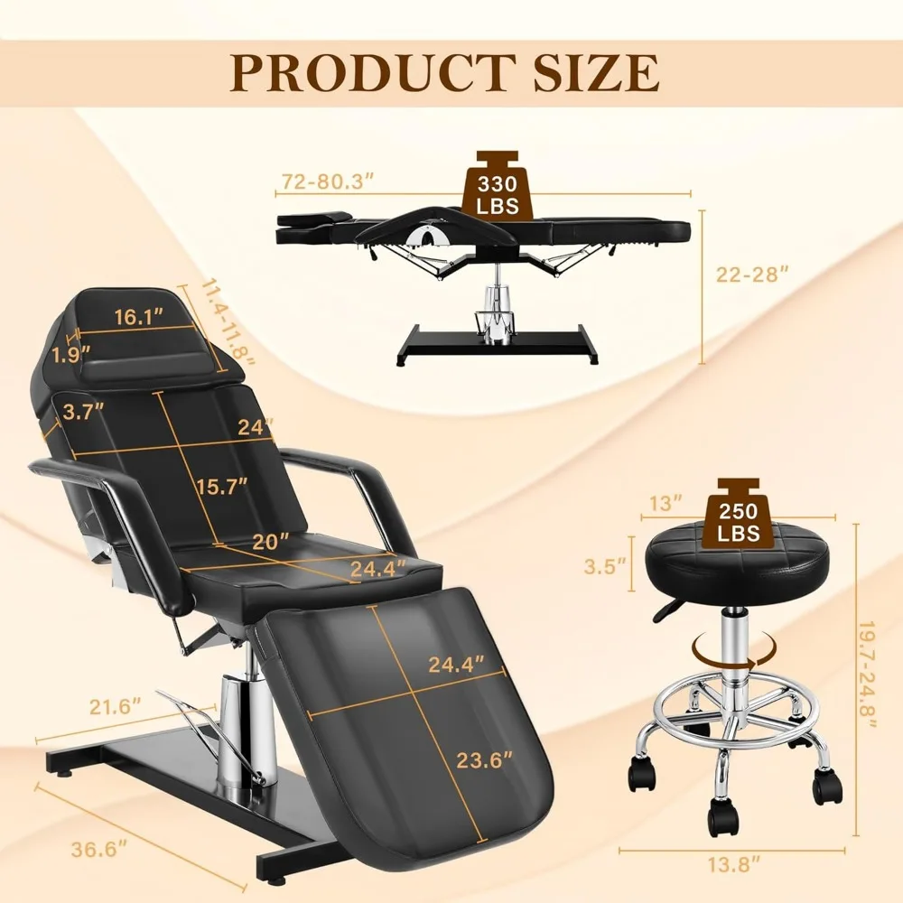 Hydraulic Facial Tattoo Chair Bed 360° Swivel w/ Stool Extended Head Spa Removable Armrests Salon Spa Equipment, Custom