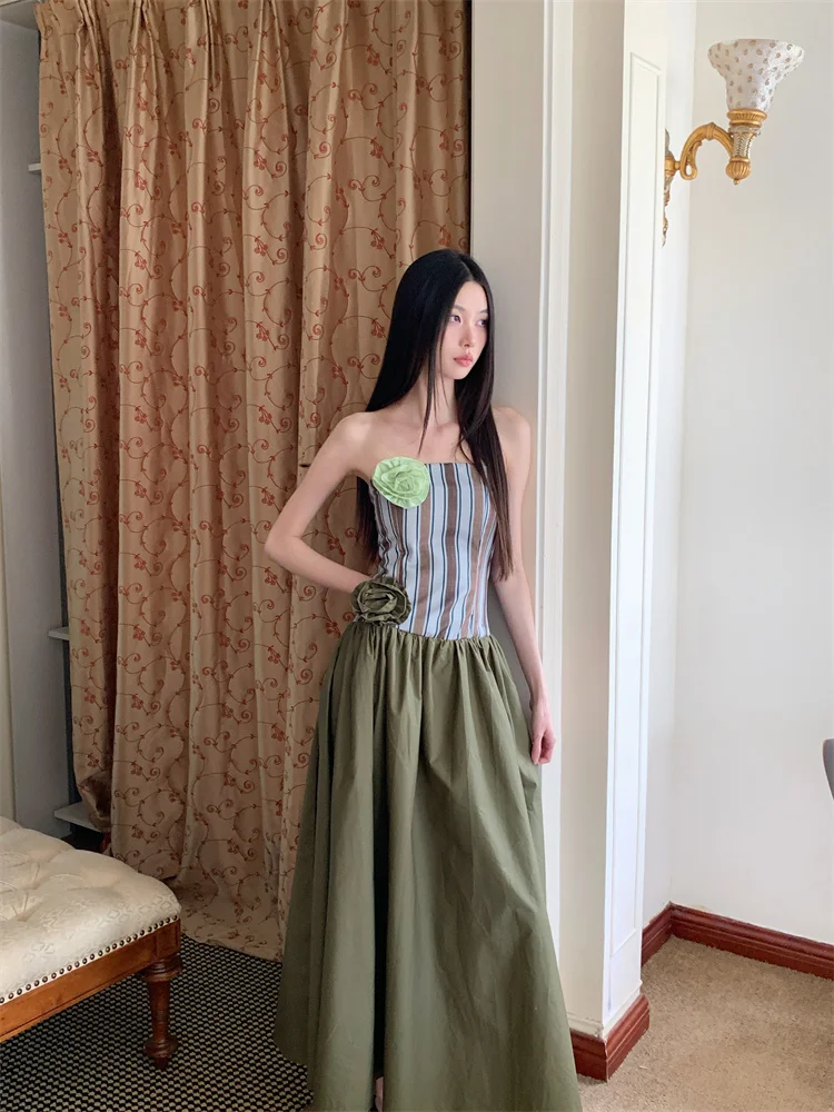 Sukienki CHEERART w paski, patchworkowe, bez ramiączek, długie, 2025, damskie aplikacje, zielona suknia balowa, designerska sukienka midi, odzież