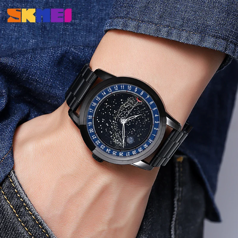 SKMEI-Montre à Quartz de Luxe pour Homme, Bracelet en Acier Inoxydable, Date Phase Lunaire, Décontracté, Étanche, Horloge Masculine