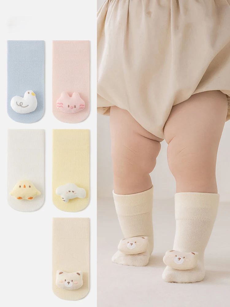 Ins Baby Anti Slip Floor Socks 3D Cartoon Doll Seamless Loose Cuff Mid Calf Socks Infant Spring Autumn Walking Socks For 0-3T