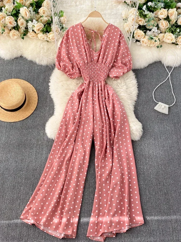 Summer Women\'s One Piece Jumpsuit Korean Retro V-neck Polka Dot Puff Sleeve Jumpsuit New Belt Wide-leg Jumpsuit LH543