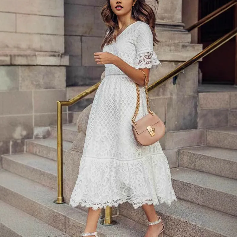 

Autumn new women's dress round neck hollow simple lace long sleeve slim fit medium and long dress high-end temperament elegant c