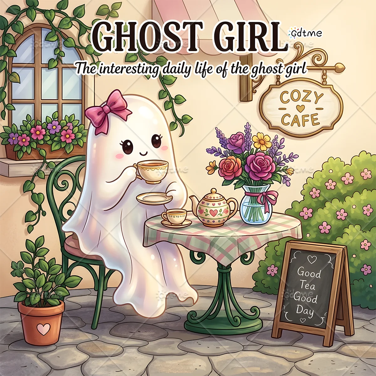 Ghost Girl Adult Coloring Book, Large Print Cute Cozy Ghost Cafe Daily Scenes, Stress Relief Relaxing Art Therapy Drawing Book