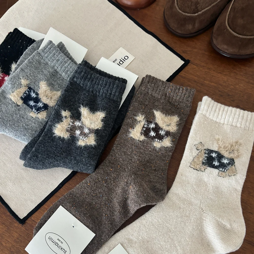 6 Pairs Wool Warm Socks Set Autumn Winter Mid-Calf Long Socks for Woman Warm Cute Cartoon Puppy Design Cotton Socks High Quality