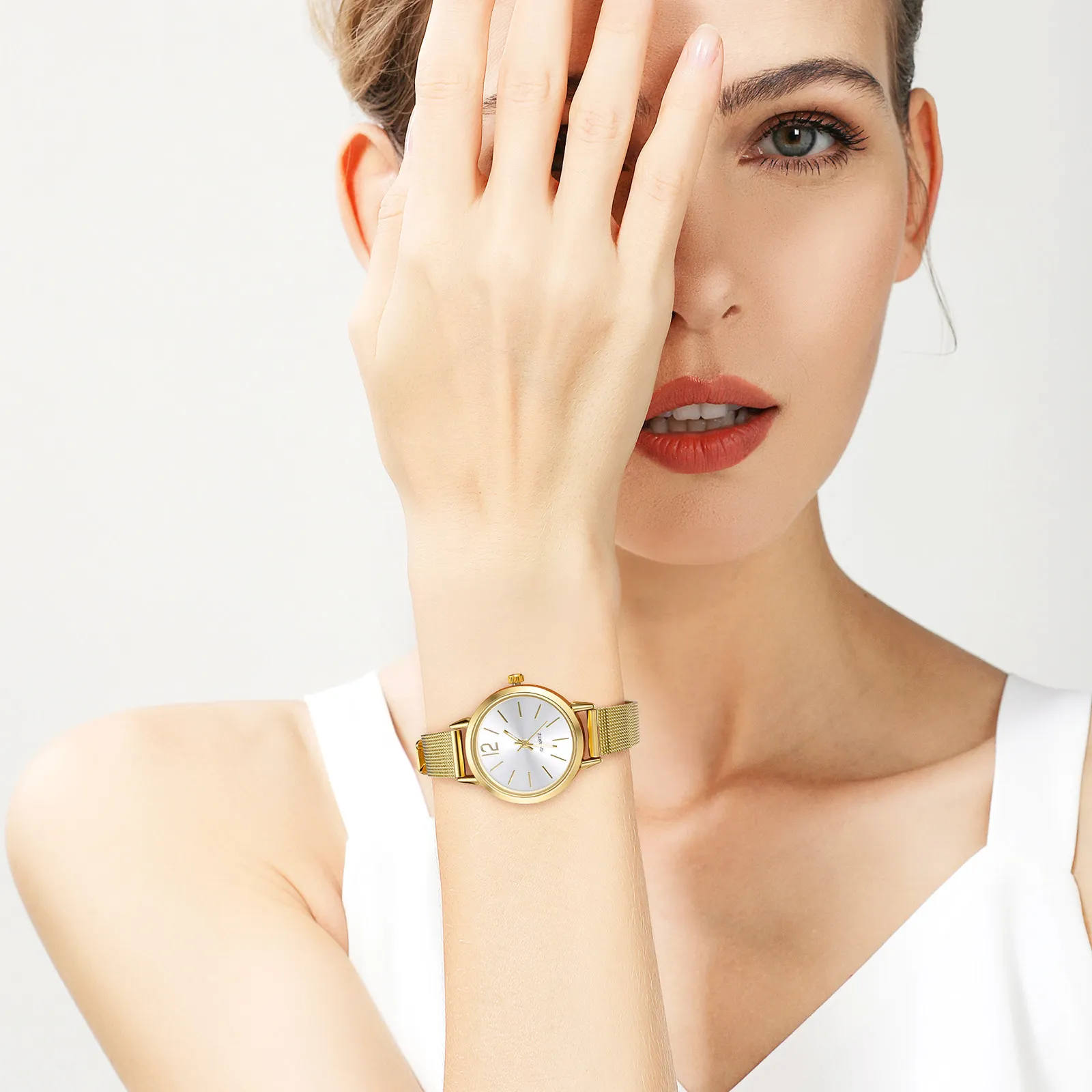 

1 шт. Женские кварцевые часы с золотым сетчатым ремешком, модные элегантные наручные часы-браслет для подарка на день рождения, Рождество, День святого Валентина