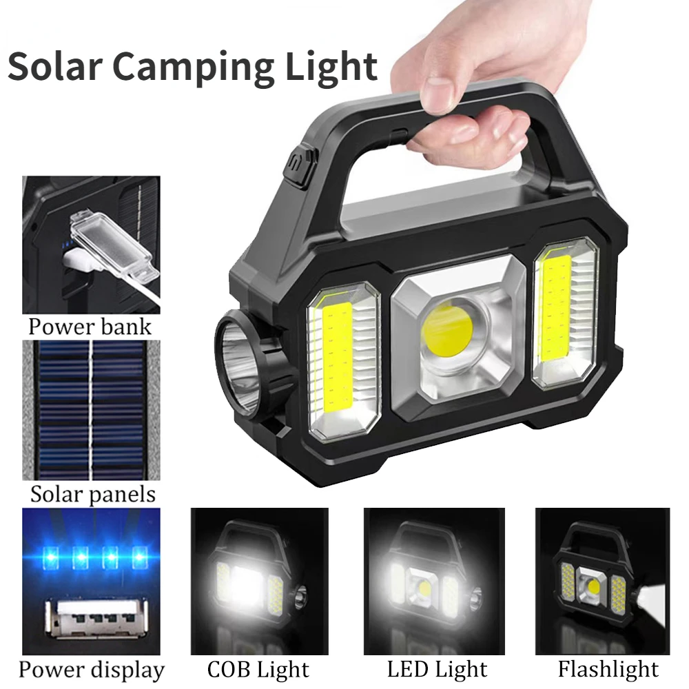 

Solar Camping Lantern COB Work Light Rechargeable Super Bright Flashlight Portable Emergency Lamp Outdoor Searchlight forFishing