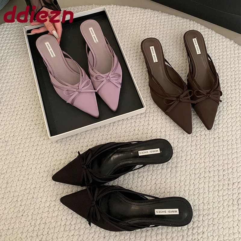 

Женская модная обувь на низком каблуке, туфли-лодочки на мелком каблуке, шлепанцы для женщин, туфли-лодочки с узлом-бабочкой, женские туфли на каблуке с острым носком