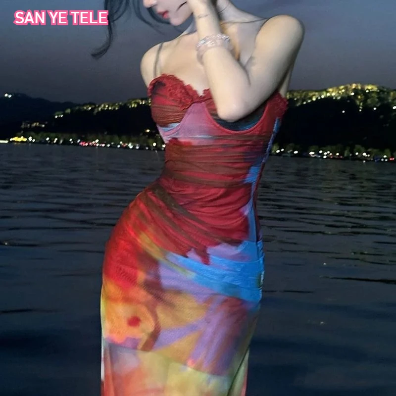 

Colorful Print Sexy Lace-Up Backless Dress Women Ruched Swing Collar Sleeveless Robe Vacation Trend Beach Party Outfits