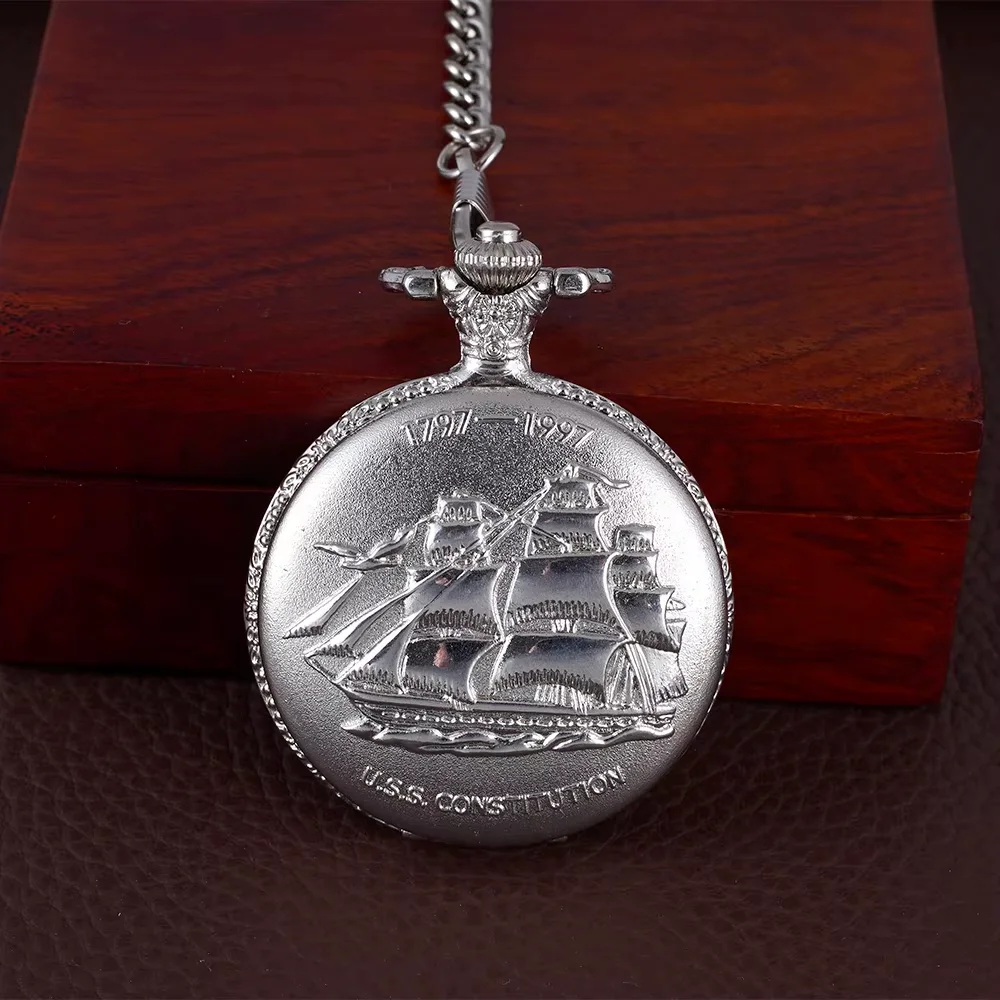Large thick chain silver shell relief galleon sailing implied flip pocket watch quartz watch hang watch