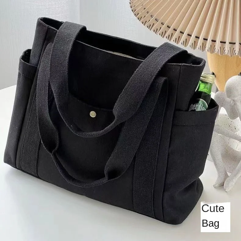 Geräumige Canvas-Tragetasche mit Schriftzug, Vielseitige Handtasche für Pendler, Arbeit, Studenten, Untertagetasche für Damen, Einkaufstasche – Detail 11