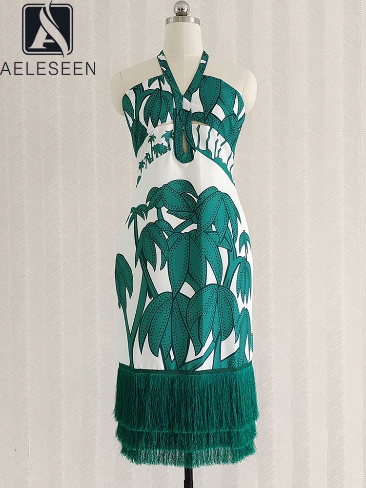 

AELESEEN Designer Fashion Women Dress Spring Summer Sleeveless Halter Green Flower Print Tassel Cascading Ruffles Mini Vacation