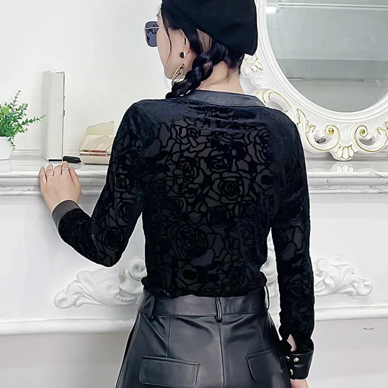 Tajiyane Top Women 2022 Spring Autumn New Leather T Shirt Women Fashion Sexy V-neck Long-sleeved Bottoming Tops Feminine Clothes