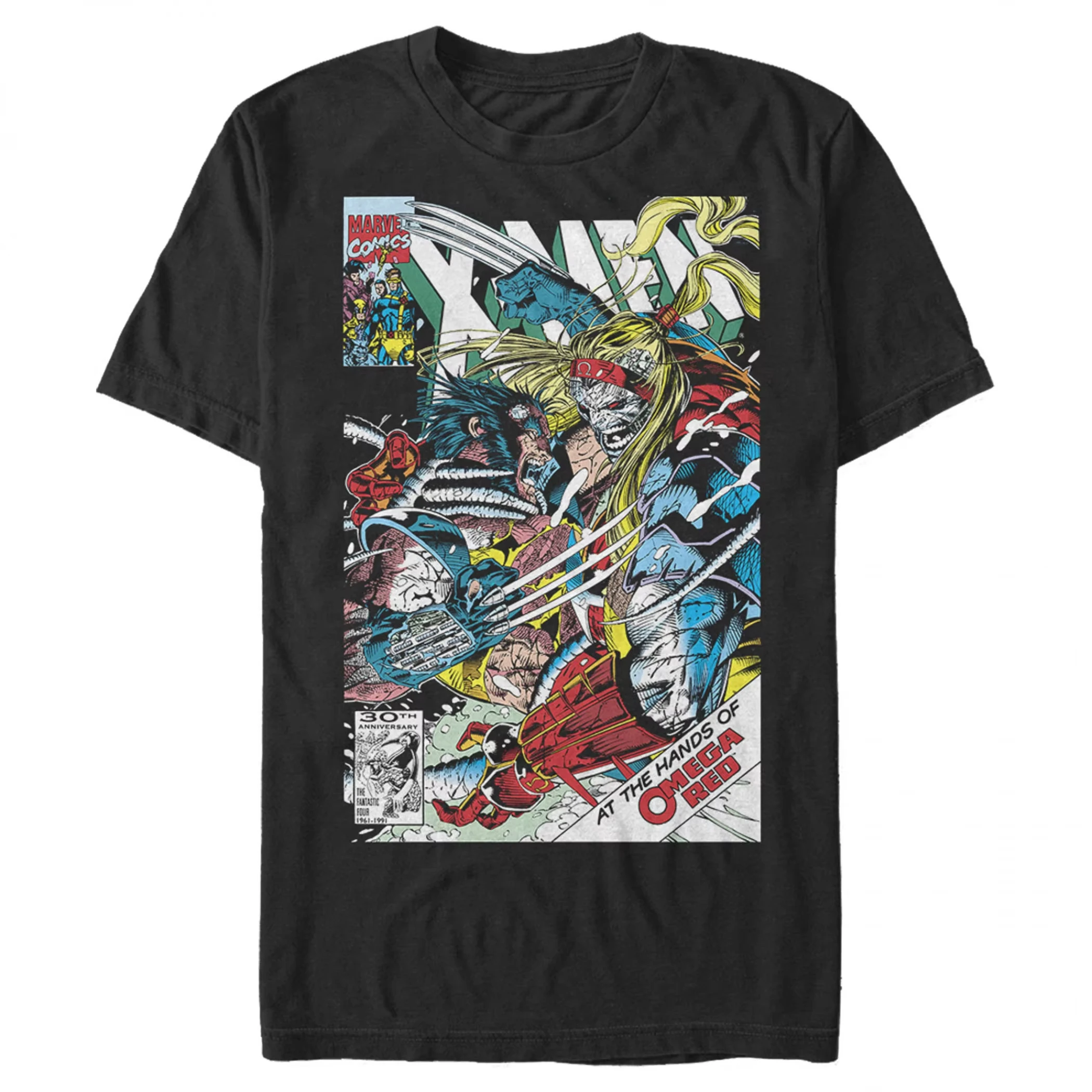 Nueva camiseta negra con estampado de X-Men para hombre 2026, con una escena de batalla roja entre Wolverine y Omega.