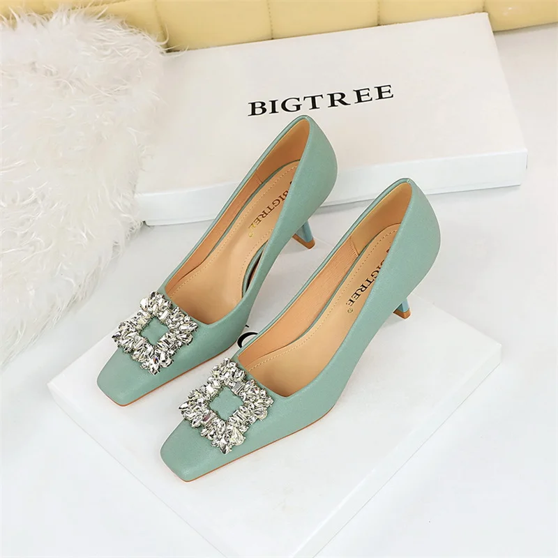 Comfortable Simple Women's New Green Wine Glasses High Heels Shallow Mouth Square Toe Diamond Buckle Spring Single Shoes