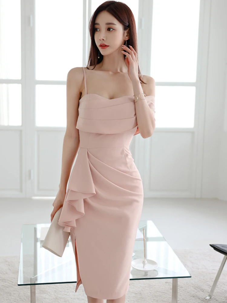 

New 2023 Fashion Summer Women Evening Dress Pink Chic Sexy Strap Low Cut Folds Slim Slit Midi Party Prom Beach Mujer Vestidos