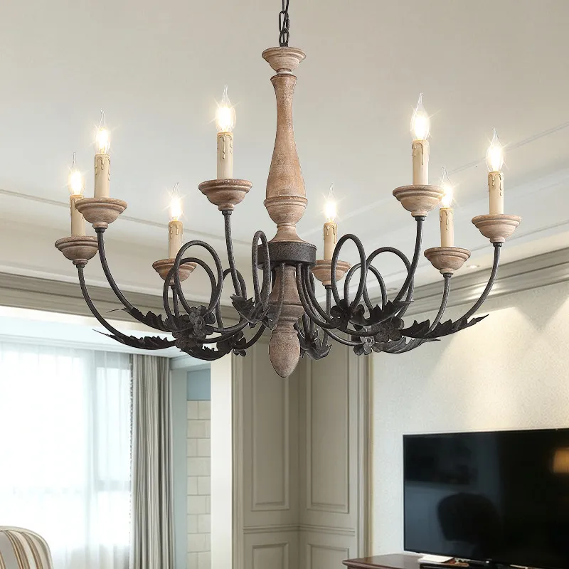 Antique 5/6/8/12/15 Lights Chandelier Wooden Hanging Lamp In Living Room French Farmhouse Bedroom Dining Room Pendant Chandelier