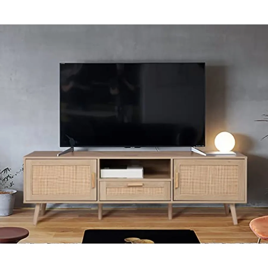 59 Inch Boho TV Stand for up to 70 inch TV, TV Console with 2 Hand Made Rattan Decorated Doors, Living Room Entertainment Cente