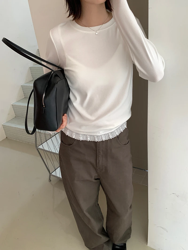 Women's Lace Long Sleeve Base Layer T-Shirt - Soft Solid Color