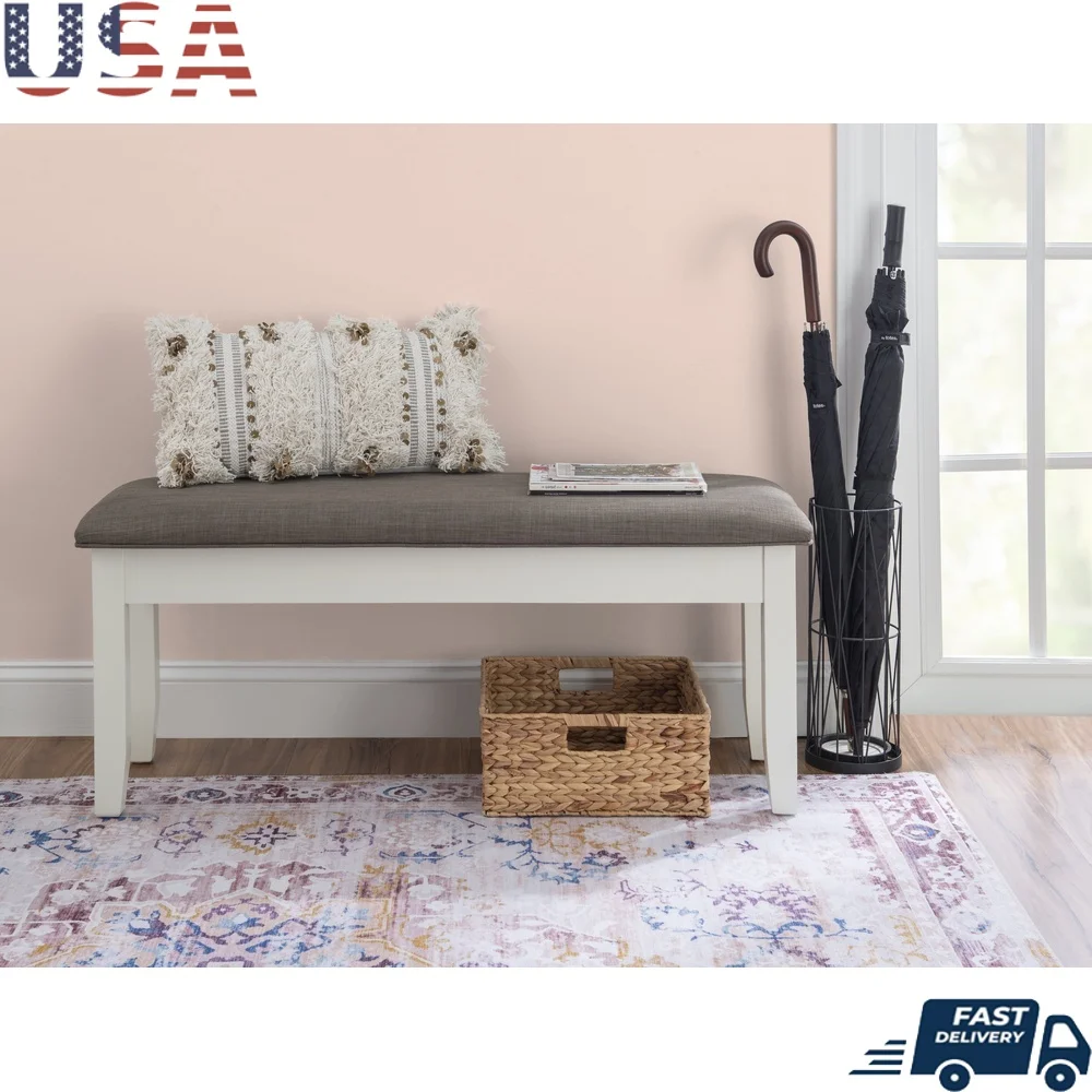 

Farmhouse Dining Bench with Storage Rustic Taupe Upholstered Seat Vanilla White Frame Ergonomic Comfort Easy Assembly Indoor Use