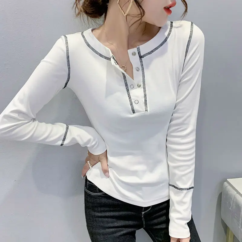 

Spring Autumn New Round Neck Long Sleeve Fashion T-Shirts Women High Street Solid Color Button Pullovers Cotton Elegant Tops