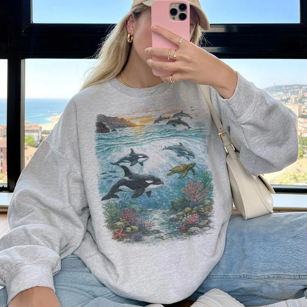 Orcas Sunset Sea Scene Vintage 90s Sweatshirt, Retro Ocean Dolpin Sweater, Cute Sea Turtle Sweater, Ocean Gifts