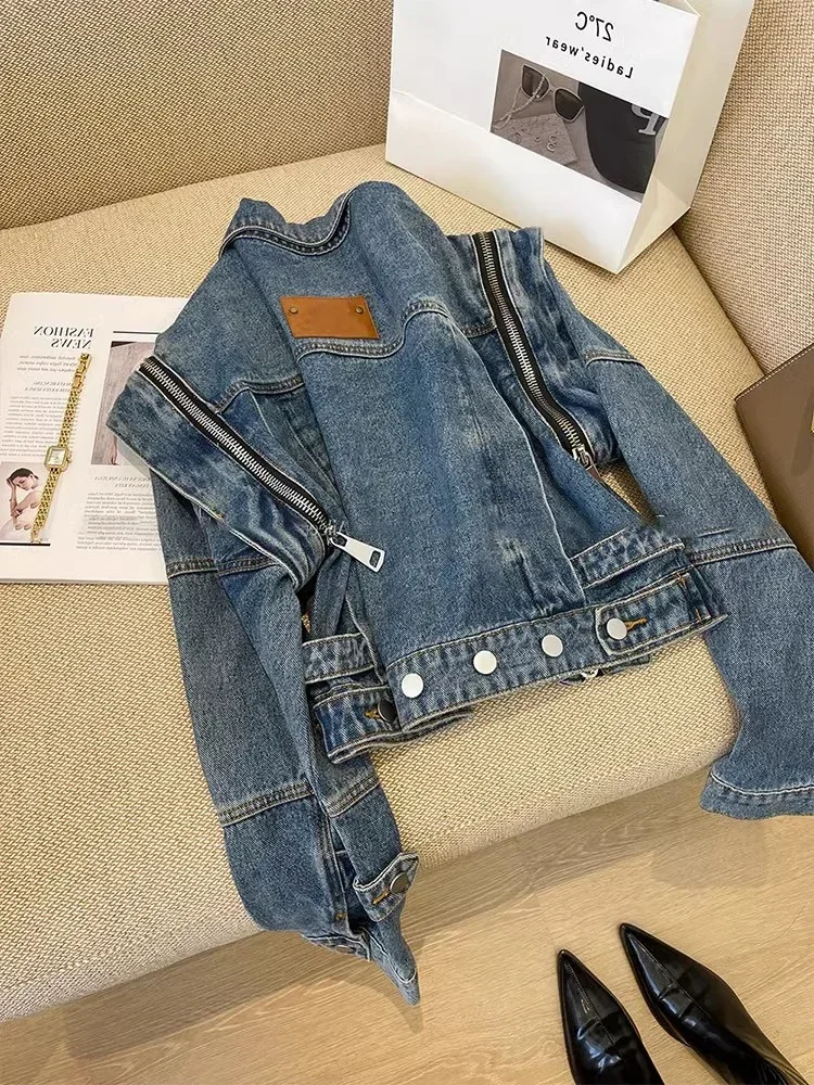 New Motorcycle Crop Denim Jacket Women Autumn Shoulder Pad Multi Zipper Short Ripped Jeans Jackets Outwear Vintage Streetwear