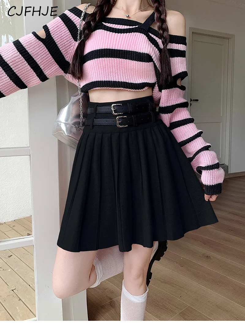 CJFHJE Pink Double Belt Knitted Pleated Mini Skirts High Waist Loose Casual A-Line Khaki Skirts Solid Color Korean Fashion Skirt