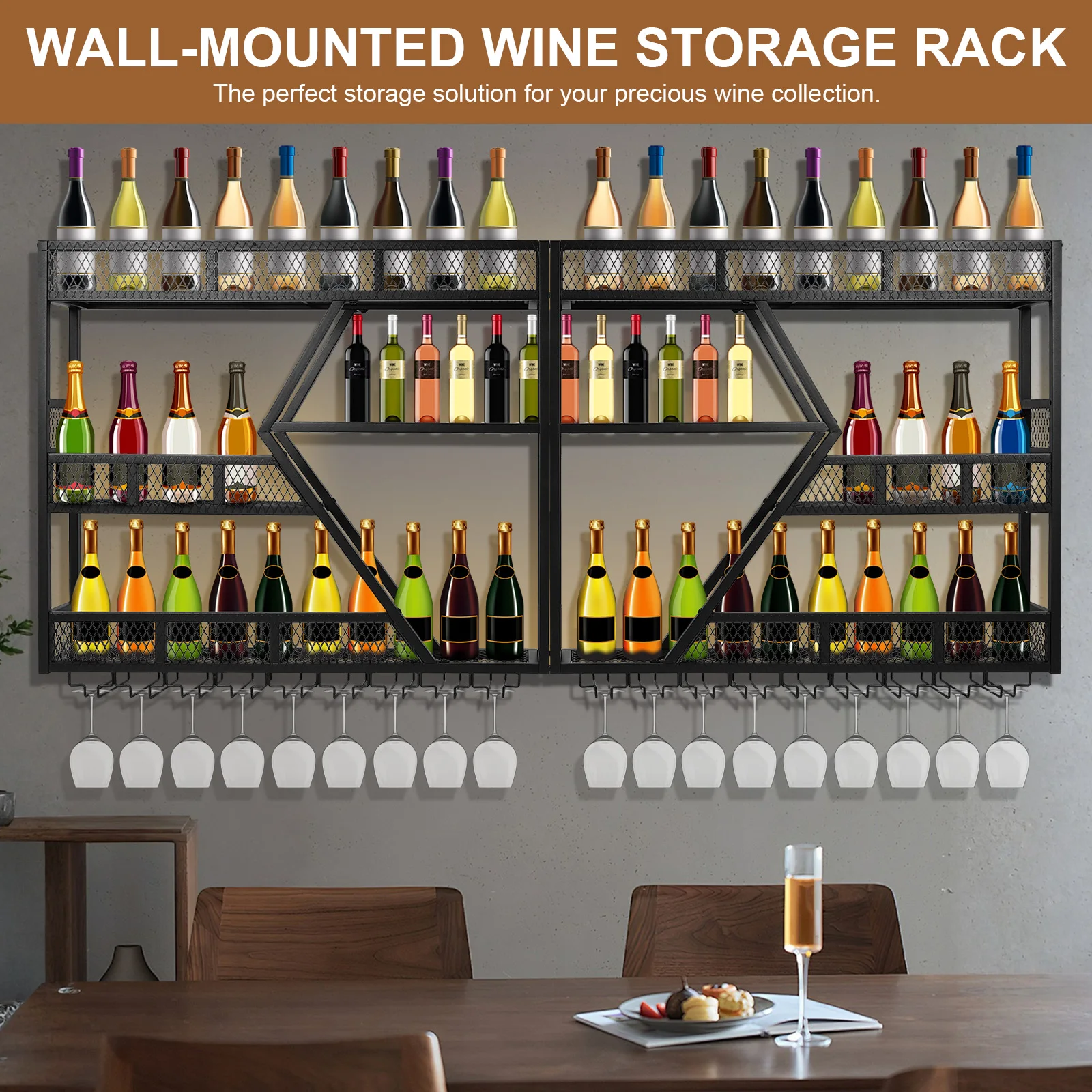 Suporte de garrafa de vinho montado na parede de metal com barra transversal anti-queda organizador de armazenamento de vinho suporte de exibição de garrafa de vinho para bar