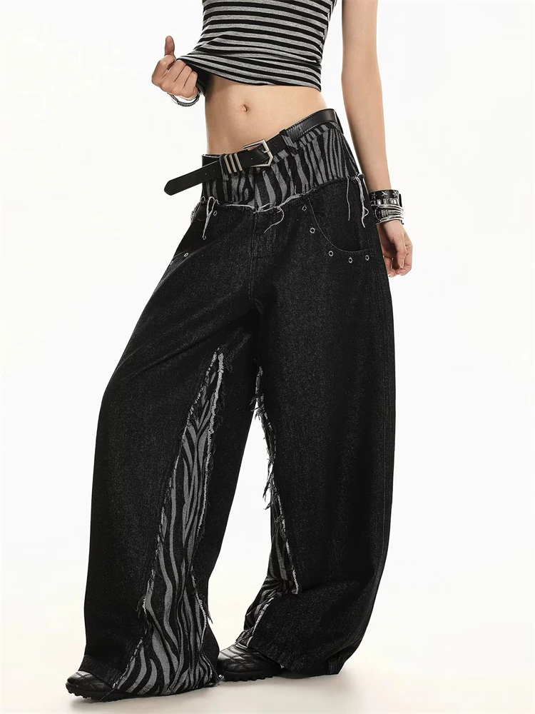 Women's Zebra Pattern Patchwork Design Casual Pants Girl Wide Leg Bottoms Street Unisex Sweatpants Female High Waist Trousers