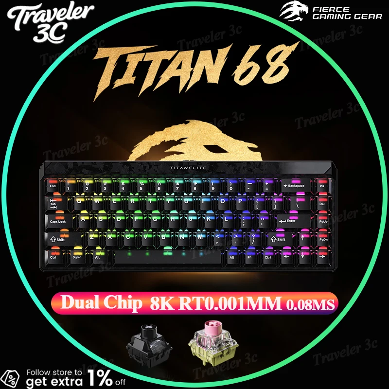 

FGG MADLIONS TITAN68 Turbo Магнитный переключатель Игровая клавиатура Прокладка с горячей заменой Проводной 8000 Гц RT0.001MM SCOD Двойной чип из углеродного волокна ПК