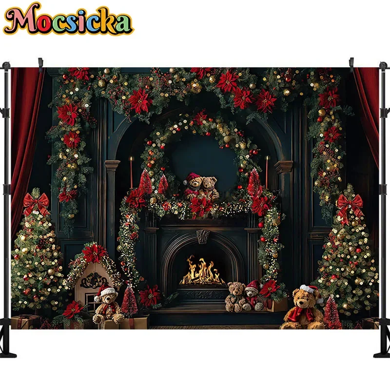 Mocsicka Photography Background Christmas Tree Fireplace Garland Decoration Supplies Family Portrait Photo Backrops Studio Props