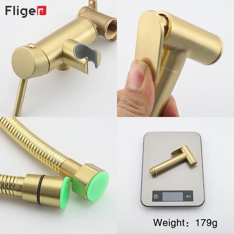 Fliger Brush Golden Handheld Toilet Bidet Sprayer Set Bidet Faucet Hot Cold Water Mixer Toilet Faucet Shower Head