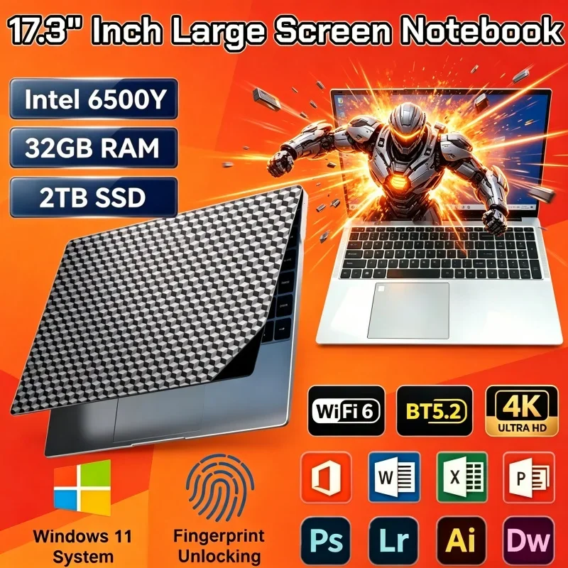 17.3 Inch Wide Screen Notebook Computer Intel 6500Y Windows 11 32GB RAM 2TB SSD Fingerprint Unlock Laptop For Study Work Gaming