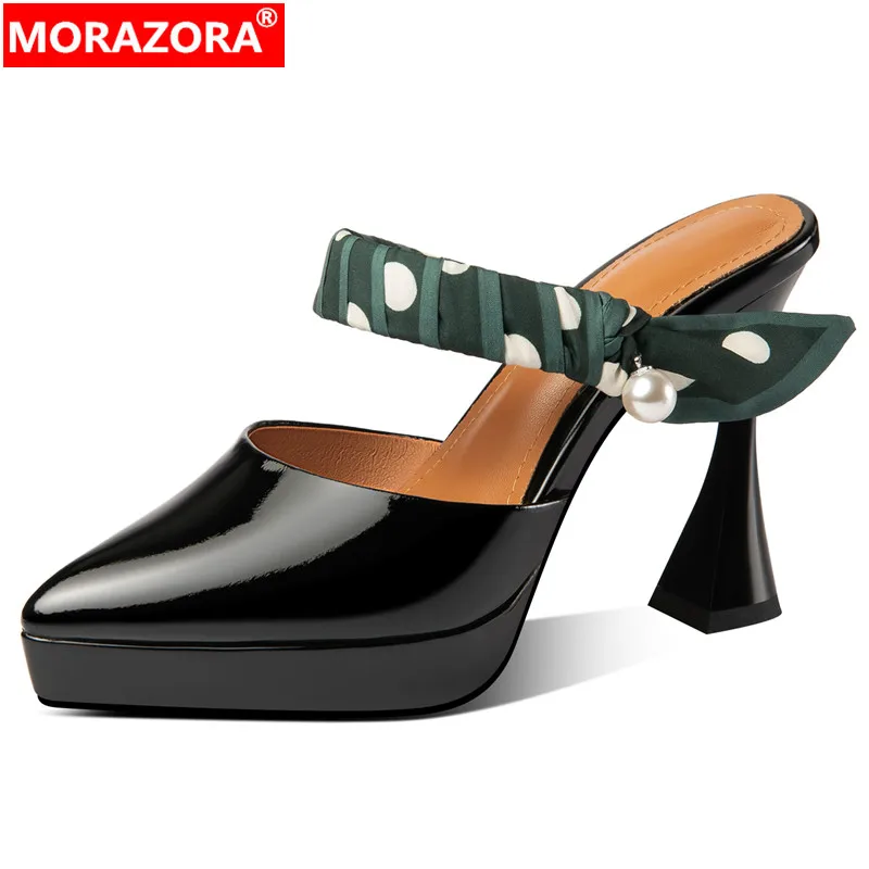 

MORAZORA New Ladies String Bead Mules Shoes Patent Leather Platform Woman Slippers 2024 Thick High Heels Summer Slippers