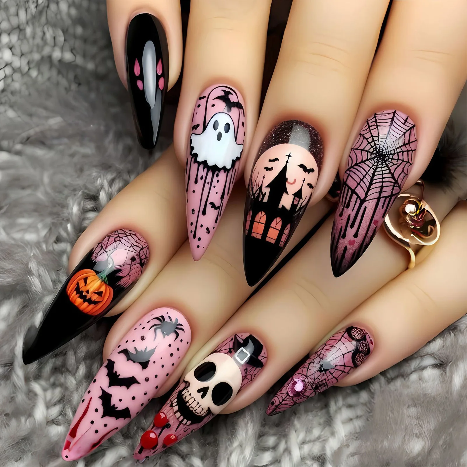 

24pcs Pink Ghost Pumpkin Press On Nail Sweet Cool Long Stiletto Spiderweb Castle Pattern False Nail Halloween Wearable Fake Nail