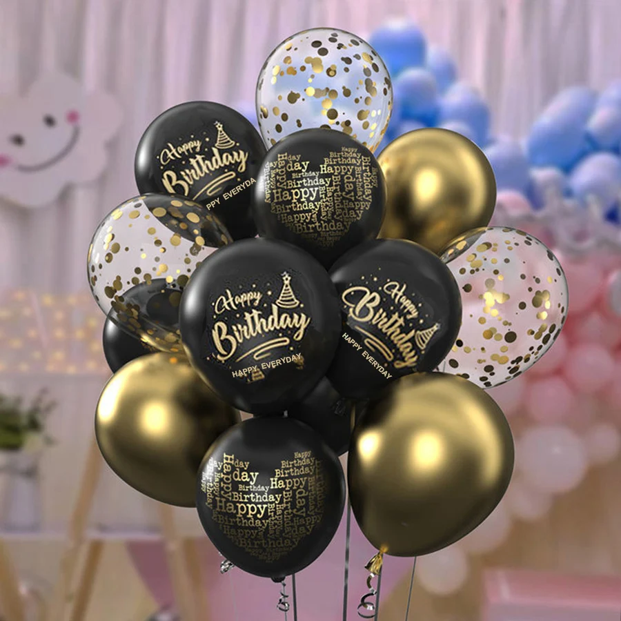 24pcs/Set Confetti Black Metallic Gold Thickening Latex Balloons 18 30 40 50 60 70 Happy Birthday Party Decorations Anniversaire