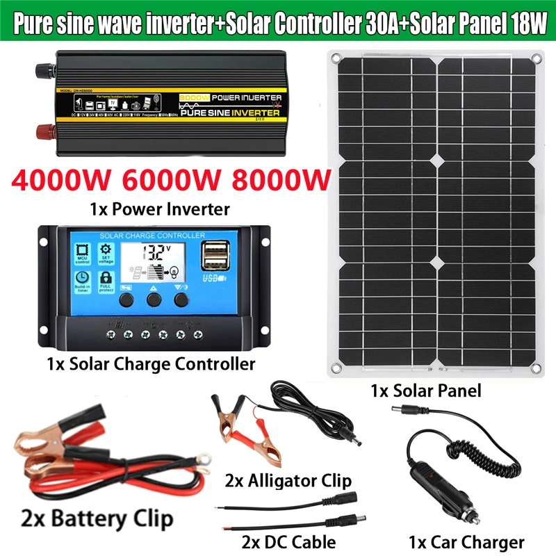 

Solar Panel Kit 4000W/6000/8000W Inverter DC 12V To AC 220/110V Pure Sine Wave Power Converter with 30A Solar Controller