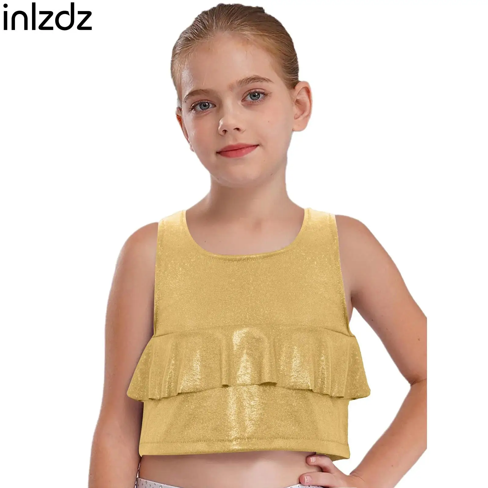 

Kids Cheerleading Jazz Dance Tops Dancewear Ruffles Metallic Vest Crop Top Sleeveless Tank Tops Girls Stage Performance Costumes
