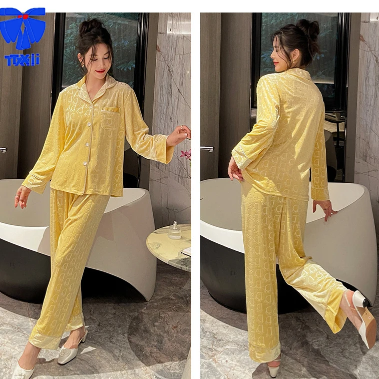 Autumn Thin Velvet Pajamas Women\'s New High-end Sense Solid Color Light Luxury Long-sleeved Trousers Home Clothes suit