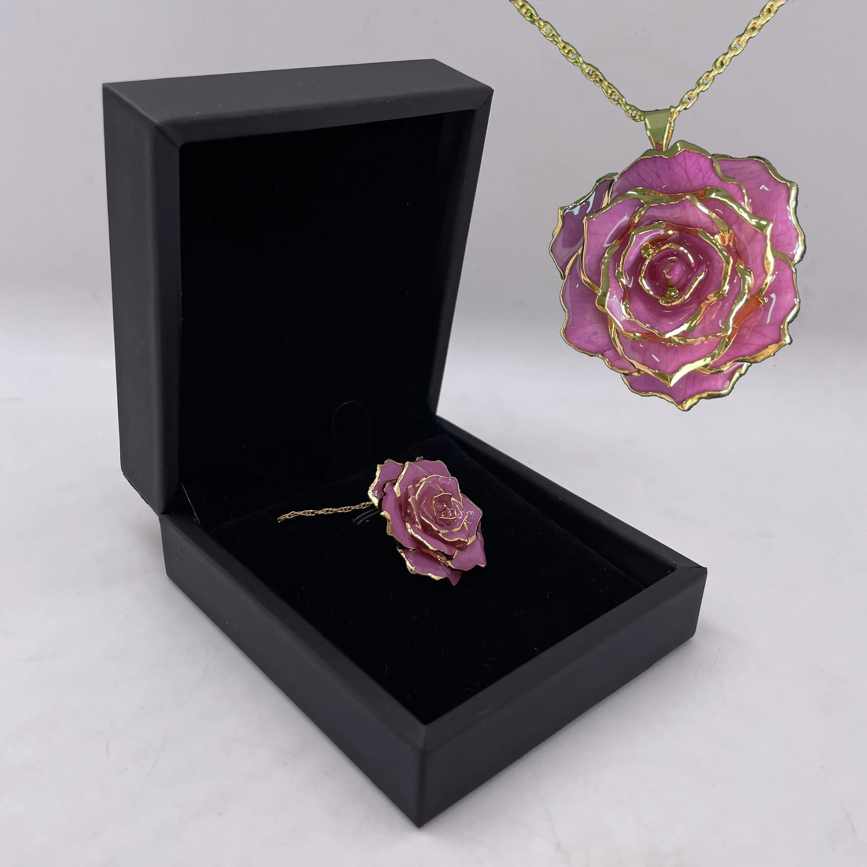 

Romantic Lavander color Necklace 24K Gold Plated Real Rose choker Handmade Craft Flower Jewelry wedding anniversary gifts