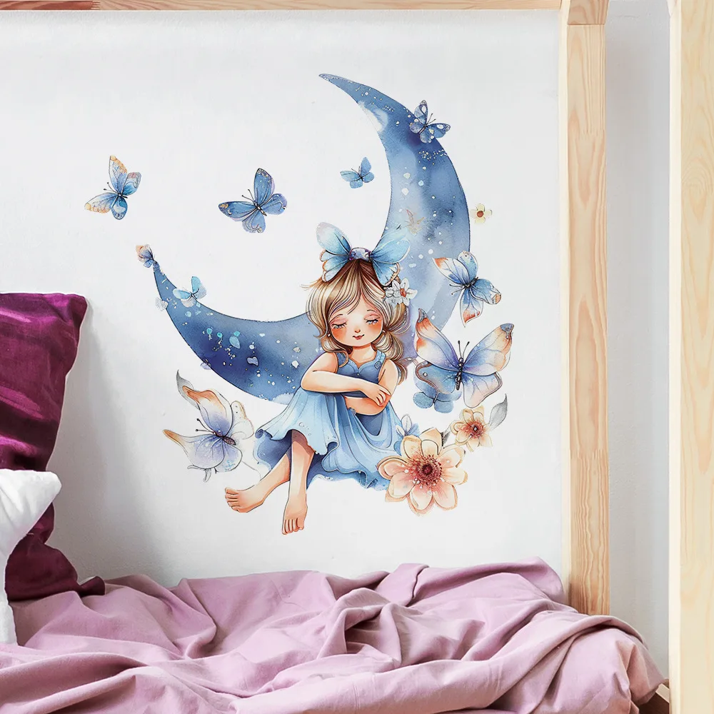 Moon Princess Butterfly Vinyl Child Wall Sticker For Baby Room Decor Wall Art Bedroom Accessories Adhesive Wallpaper Home Decor